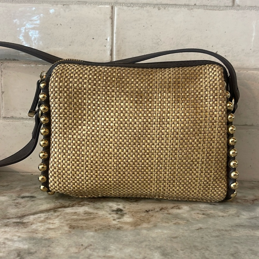 Big Buddha grass cloth gold studded crossbody purse NWOT
